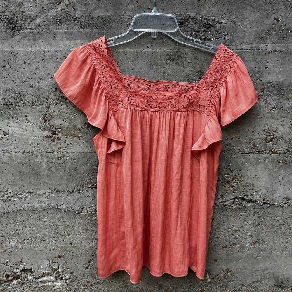 Women's Boho Cottage Farmers Market Summer Tunic Embroidered Lace Orange Sz Med